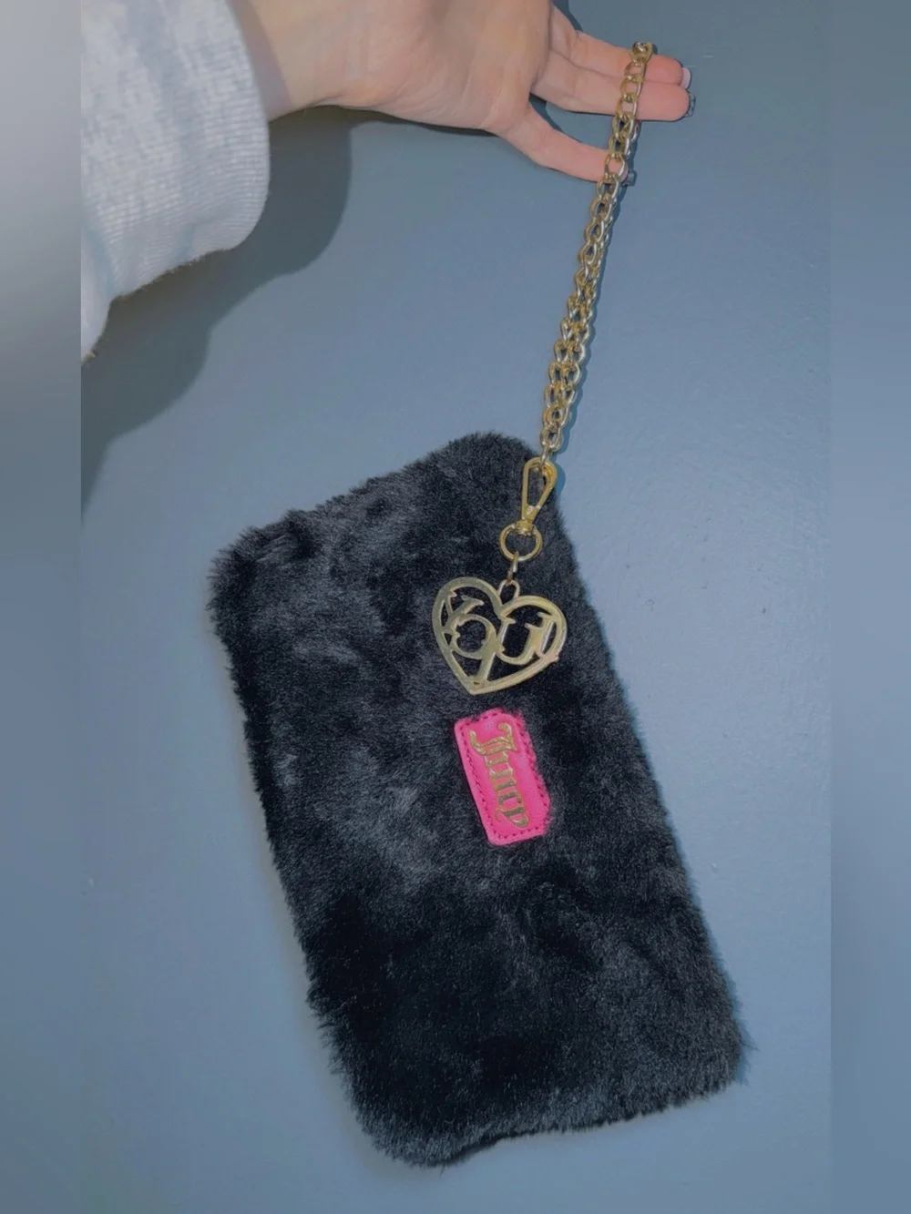 Juicy Couture Black Faux Fur Wristlet with Pink Logo Patch and Gold Heart Charm